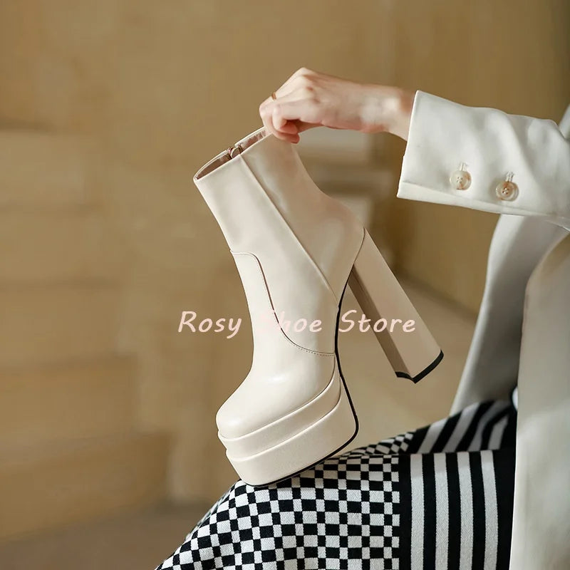 Black White Stitching Leather Square Toe Women's Concise Boots Winter Chunky Heel Waterproof Platform Side Zip Ankle Boots