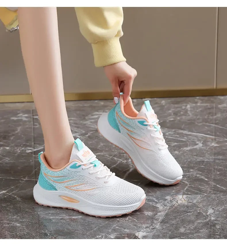 Spring Women New Mesh Lightweight Sports Breath Lace Up Fitness Comfortable Thick Soled Casual Running Shoes Tenis Masculino
