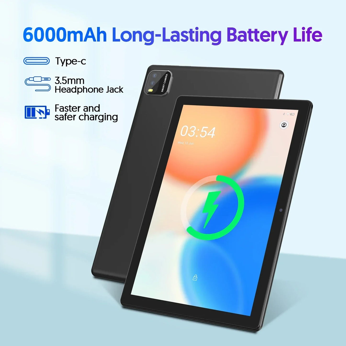 BAKEN Android 15 tablet, 10-inch, 12 (3+9)GB RAM + 64GB ROM, quad-core, 6000mAh battery, includes a free protective case