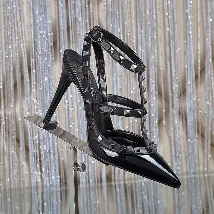 2025 Summer Brand Leather Women's Sandals Classic Rivet Gladiator High Heels Sexy Luxury Pumps Wedding Party Pointed toe Shoes