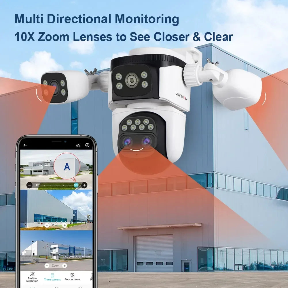 LS VISION 20MP 3*Screens Home Surveillance Wifi Camera 10X Zoom Outdoor Surveillance Camera Ip PTZ Auto Tracking Security Cctv
