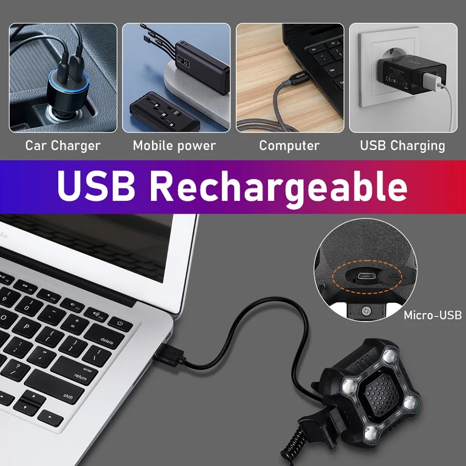 Sectyme Bicycle Light Horn Waterproof IPX6 Waterproof USB Charging Bike Headlight Flashlight 140dB 8 Adjustable Lighting Modes