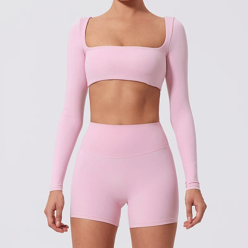Hearuisavy Summer Quick Dry Square Neck Activewear Women Gym Top Fitness Sports Crop Top Female Casual Long Sleeve Yoga Clothes