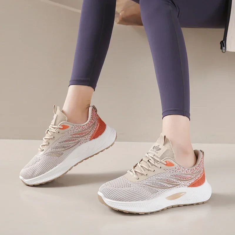 Spring Women New Mesh Lightweight Sports Breath Lace Up Fitness Comfortable Thick Soled Casual Running Shoes Tenis Masculino