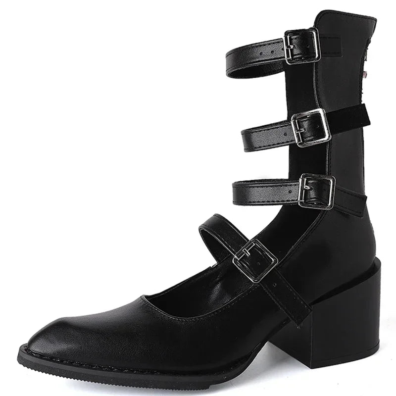Pointed Toe Women Ankle Boots Fashion Back Zippers Metal Buckle Short Booties Retro Style Female Shoes