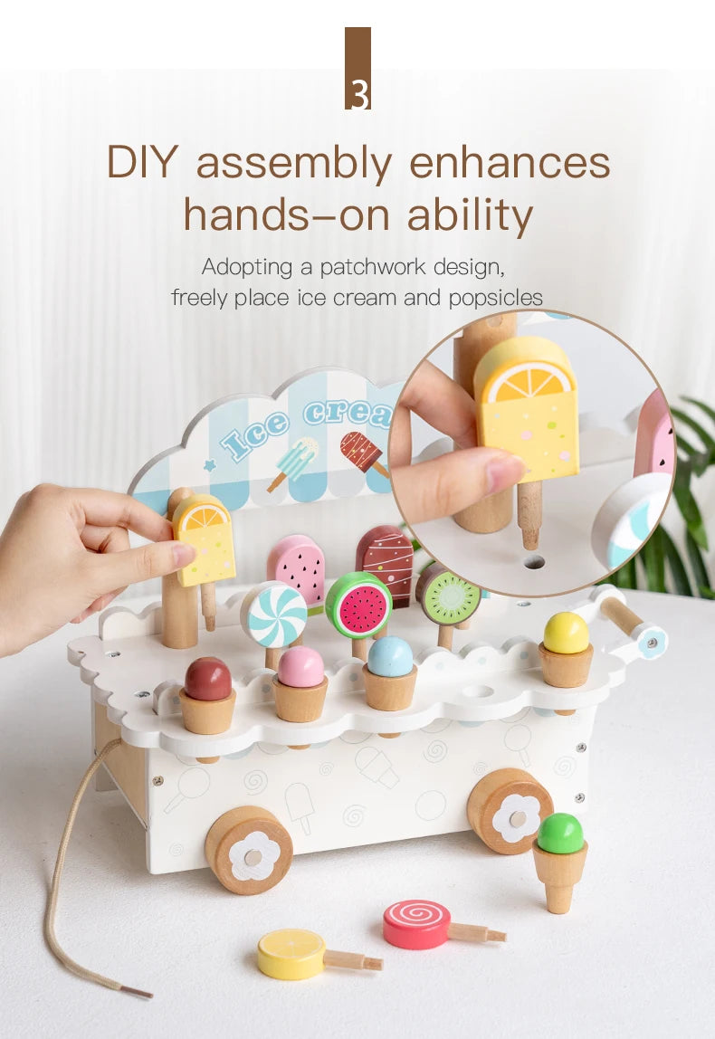Wooden Ice Cream Girl Toy Kitchen Pretend Play Toys Kitchen Accessories Simulation Ice Cream Shop Montessori Education Toy Gifts