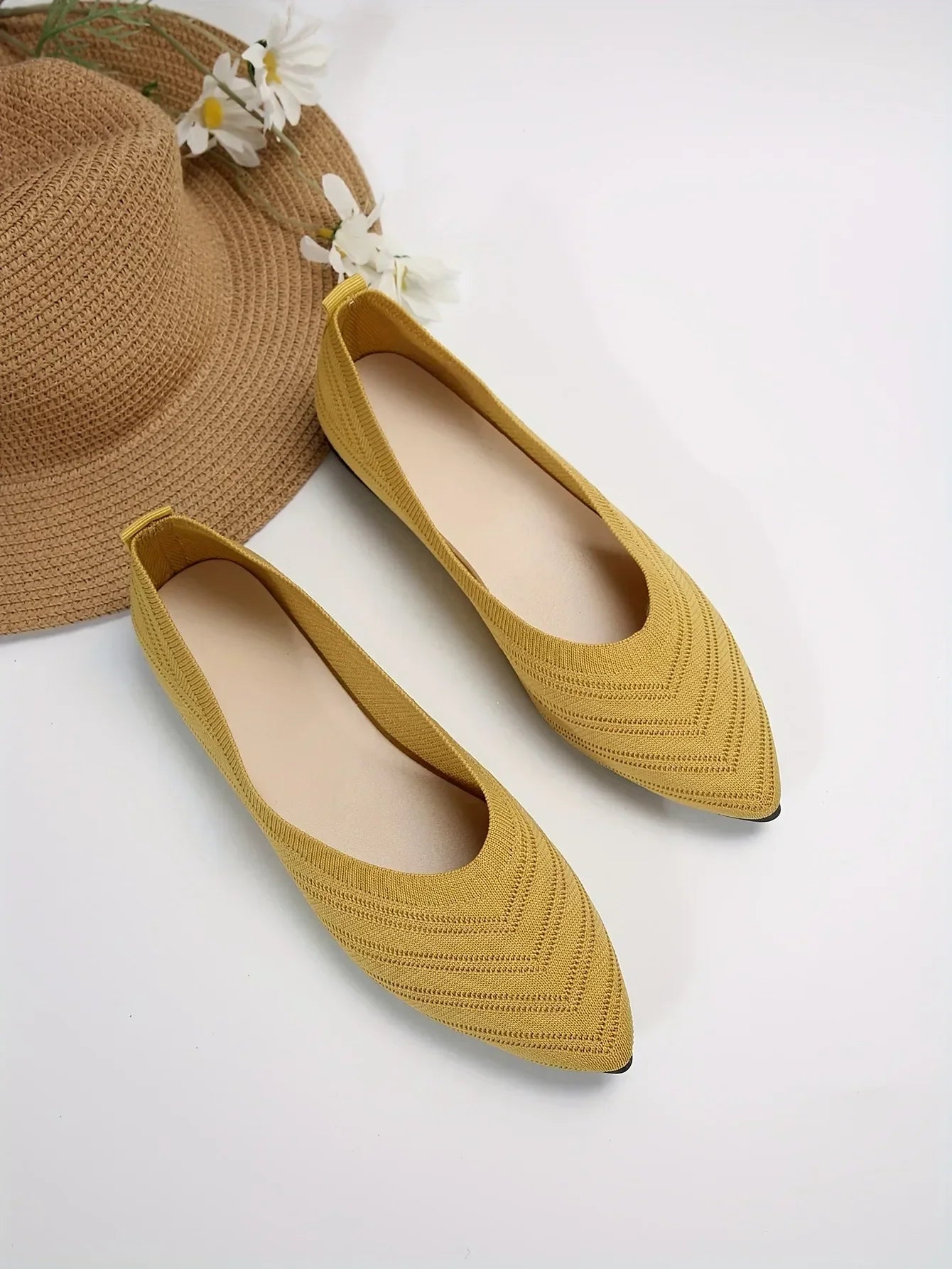Women's Pointed Toe Flat Shoes Solid Color Knitted Slip on Shoes Casual Breathable Ballet Flats Women Flat Shoes Loafers Women