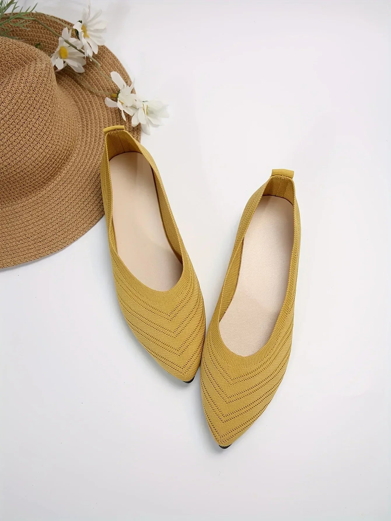 Women's Pointed Toe Flat Shoes Solid Color Knitted Slip on Shoes Casual Breathable Ballet Flats Women Flat Shoes Loafers Women