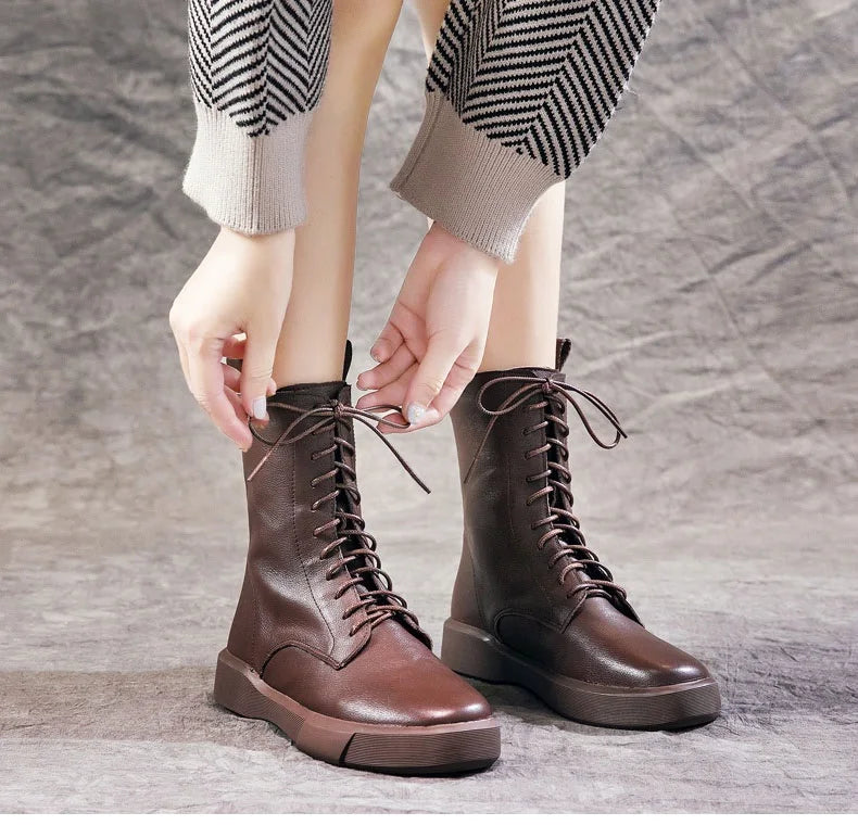 DRKANOL 2026 Fashion Women Boots Autumn Winter Shoes Soft Bottom 100% Genuine Leather Flat Mid Calf Boots Women Casual Warm Boot