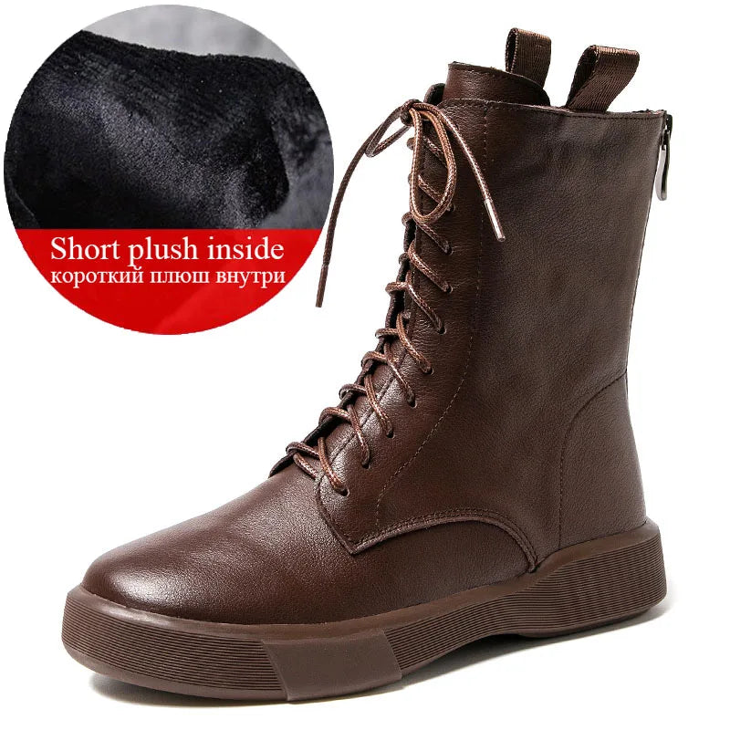 DRKANOL 2026 Fashion Women Boots Autumn Winter Shoes Soft Bottom 100% Genuine Leather Flat Mid Calf Boots Women Casual Warm Boot