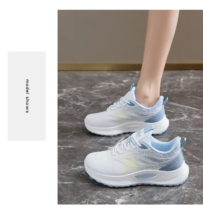 Spring Women New Mesh Lightweight Sports Breath Lace Up Fitness Comfortable Thick Soled Casual Running Shoes Tenis Masculino
