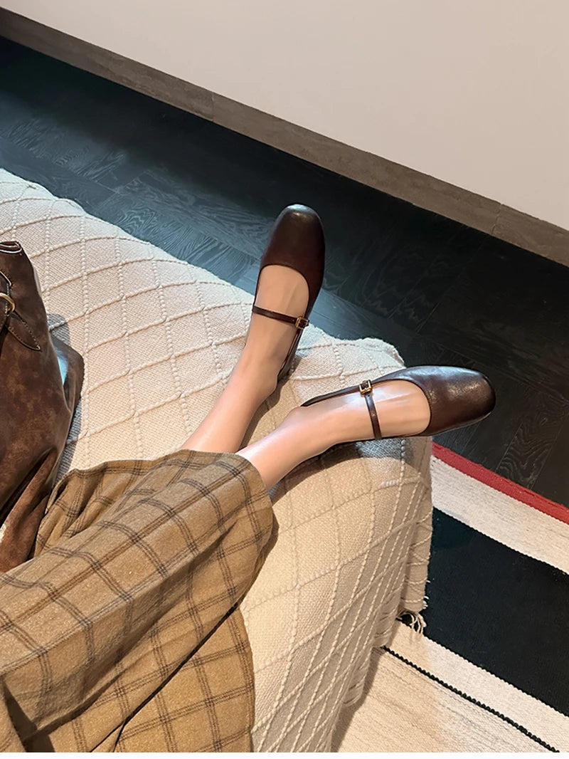 Retro Style Square Toe Women's Mary Jane Shoes Elegant Shallow Dress Flats Leather Footwear for Ladies