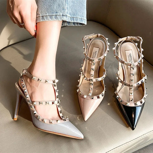 2025 Summer Brand Leather Women's Sandals Classic Rivet Gladiator High Heels Sexy Luxury Pumps Wedding Party Pointed toe Shoes