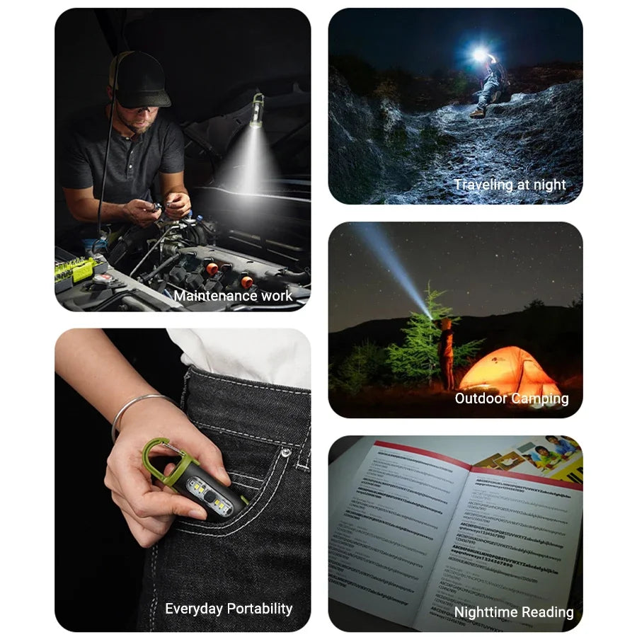Mini Keychain Flashlight Rechargeable Pocket COB Working Light Outdoor Hook Emergency Warning Light for Camping Walking Hiking