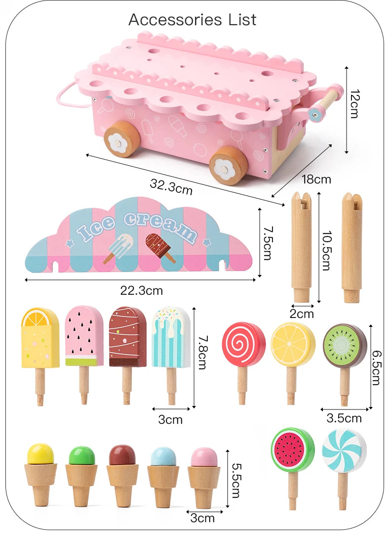 Wooden Ice Cream Girl Toy Kitchen Pretend Play Toys Kitchen Accessories Simulation Ice Cream Shop Montessori Education Toy Gifts