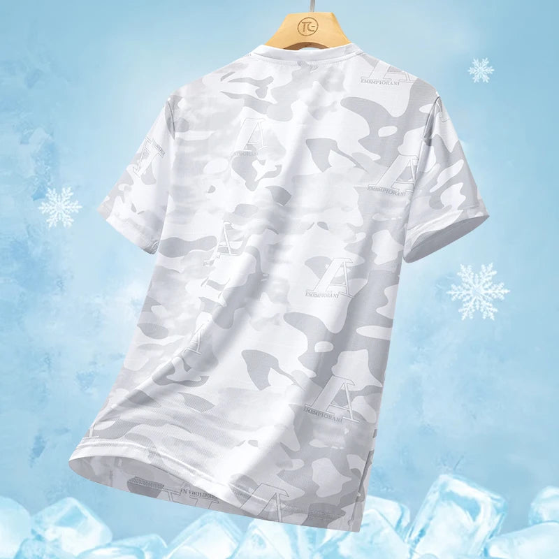 Quick drying ice silk short sleeved T-shirt 2024 summer camouflage thin breathable quick drying running fitness sportswear