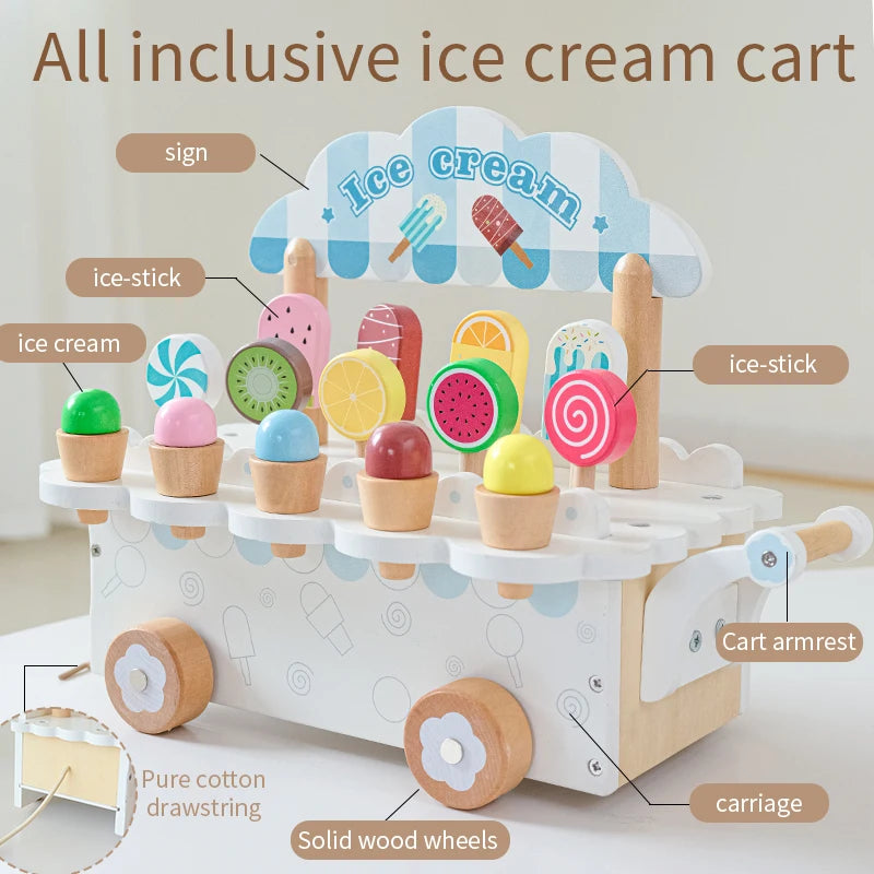 Wooden Ice Cream Girl Toy Kitchen Pretend Play Toys Kitchen Accessories Simulation Ice Cream Shop Montessori Education Toy Gifts