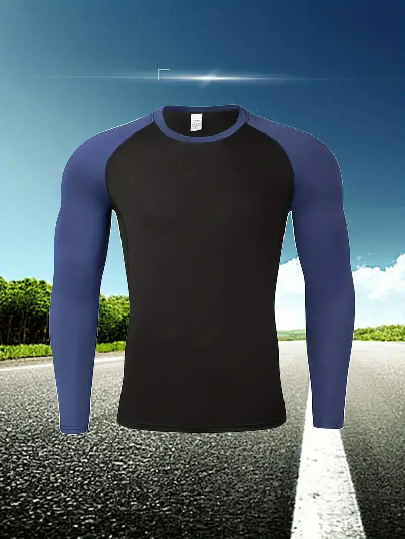 Men's Quick Dry Breathable Color Blocking Slim Long Sleeve High Stretch Base Layer Outdoor Jogging, Fitness Training Activity