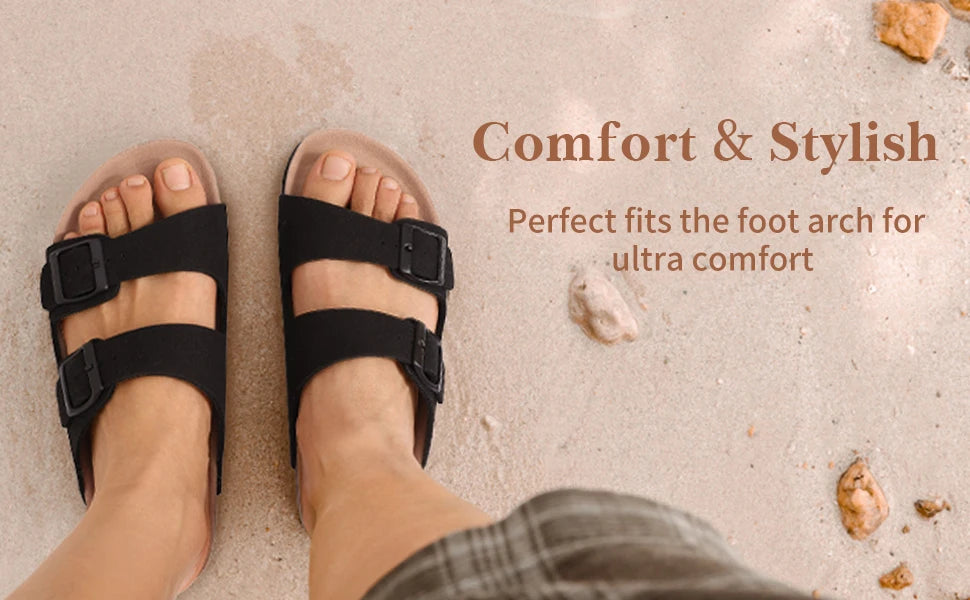 KIDMI Cork Clogs Slippers For Women Cork Footbed Beach Sandals Outdoor Suede Clogs Sandals With Adjustable Buckle Men Sandals