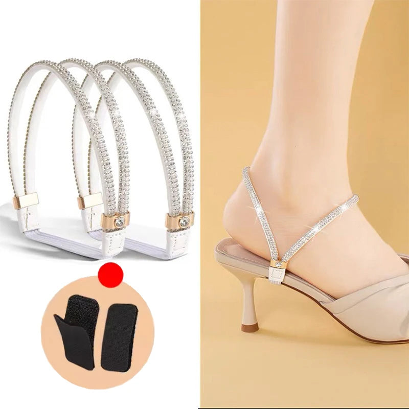 1/2Pairs Rhinestone High Heels Shoes Band Anti-loose Women Diamond Shoelaces Anti-drop Heel Straps Belt Drill Elastic Fixed Belt