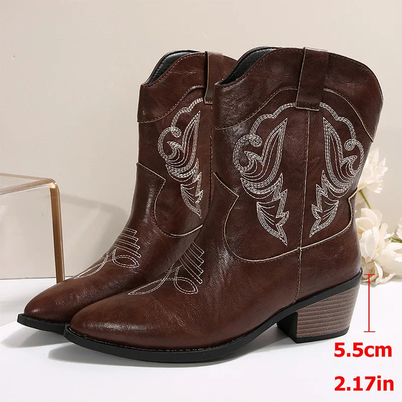 Ethnic Embroider Decor High Heel Boots for Women 2025 New Spring Ankle Vacation Pointed Toe Boots Western Cowgirl Short Boots