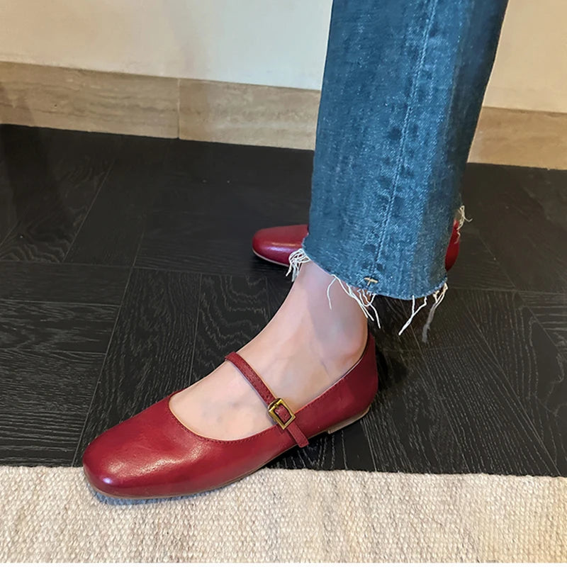 Retro Style Square Toe Women's Mary Jane Shoes Elegant Shallow Dress Flats Leather Footwear for Ladies