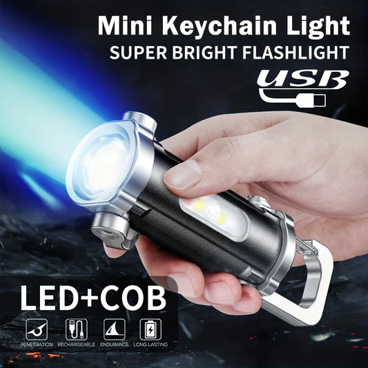 Mini Keychain Flashlight Rechargeable Pocket COB Working Light Outdoor Hook Emergency Warning Light for Camping Walking Hiking