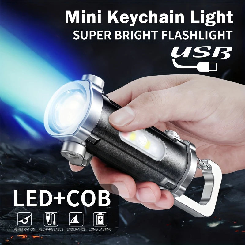 Mini Keychain Flashlight Rechargeable Pocket COB Working Light Outdoor Hook Emergency Warning Light for Camping Walking Hiking