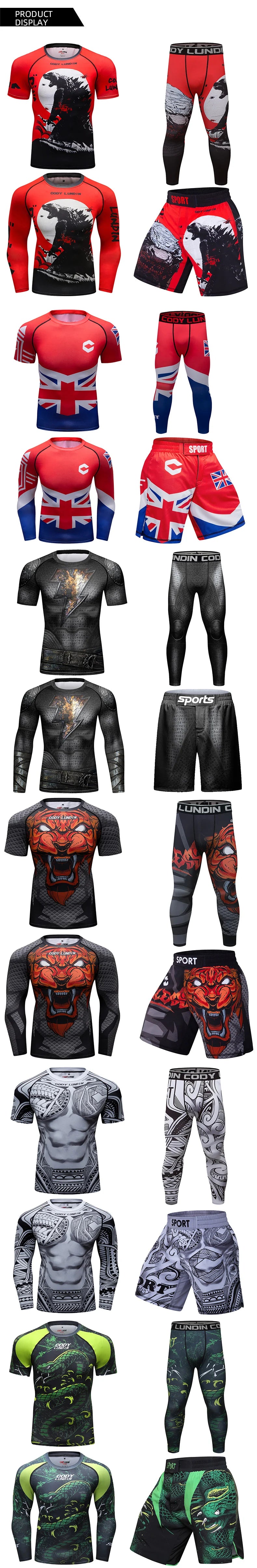 Sublimation Print Compression UV Protection Jersey + MMA Boxing Pants Workout Sport Suit Men Jiu Jitsu Fitness Rash Guard Sets