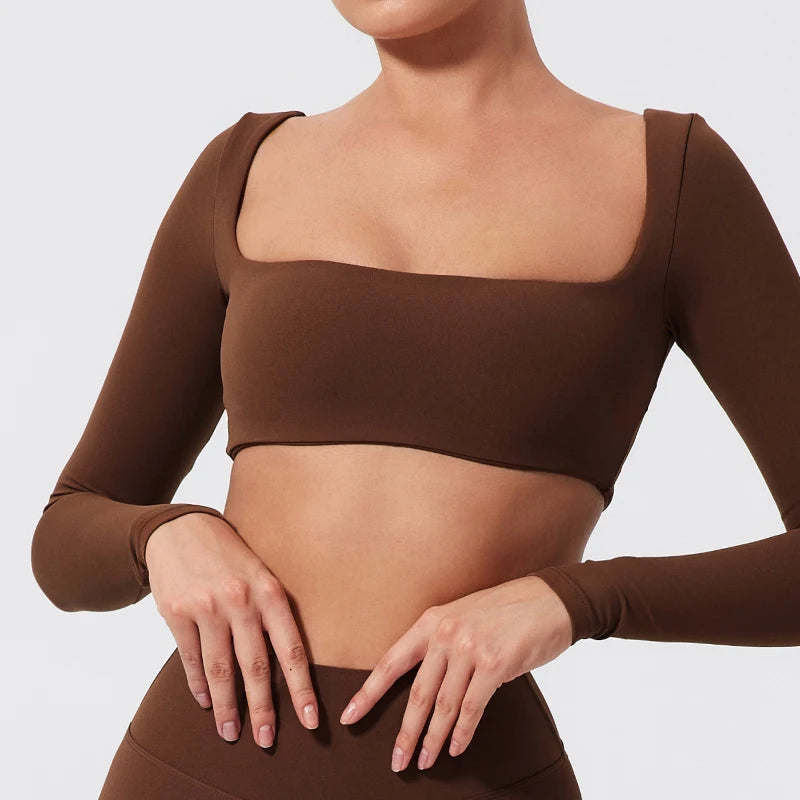 Hearuisavy Summer Quick Dry Square Neck Activewear Women Gym Top Fitness Sports Crop Top Female Casual Long Sleeve Yoga Clothes