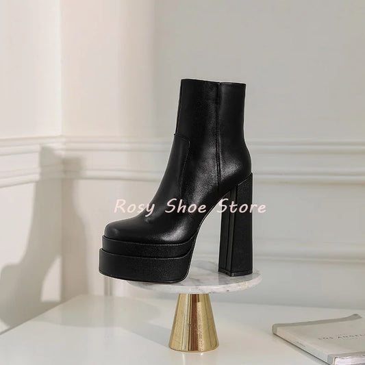 Black White Stitching Leather Square Toe Women's Concise Boots Winter Chunky Heel Waterproof Platform Side Zip Ankle Boots