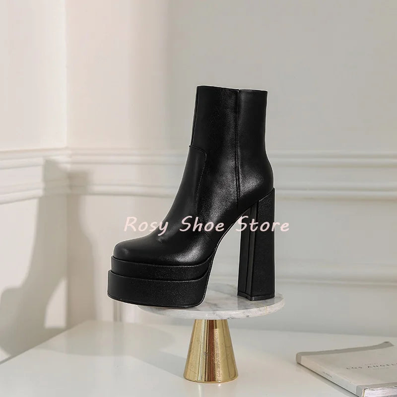 Black White Stitching Leather Square Toe Women's Concise Boots Winter Chunky Heel Waterproof Platform Side Zip Ankle Boots