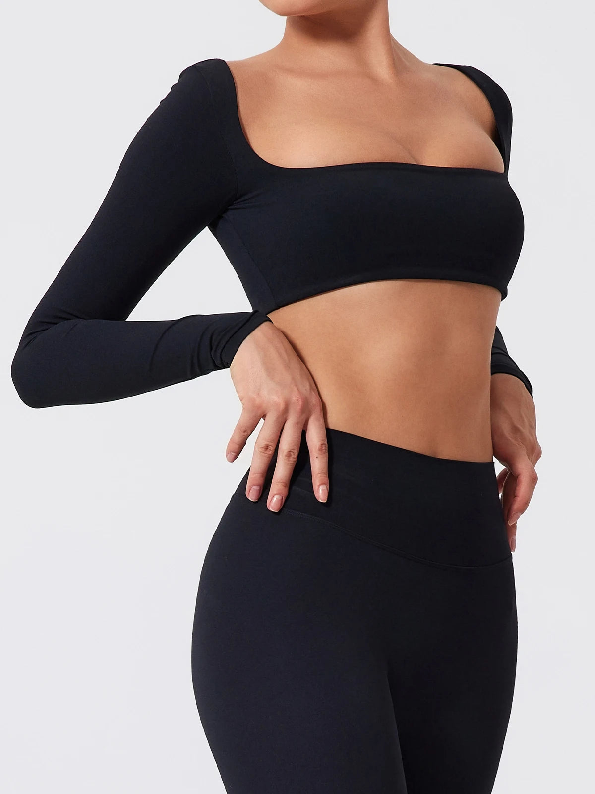 Hearuisavy Summer Quick Dry Square Neck Activewear Women Gym Top Fitness Sports Crop Top Female Casual Long Sleeve Yoga Clothes