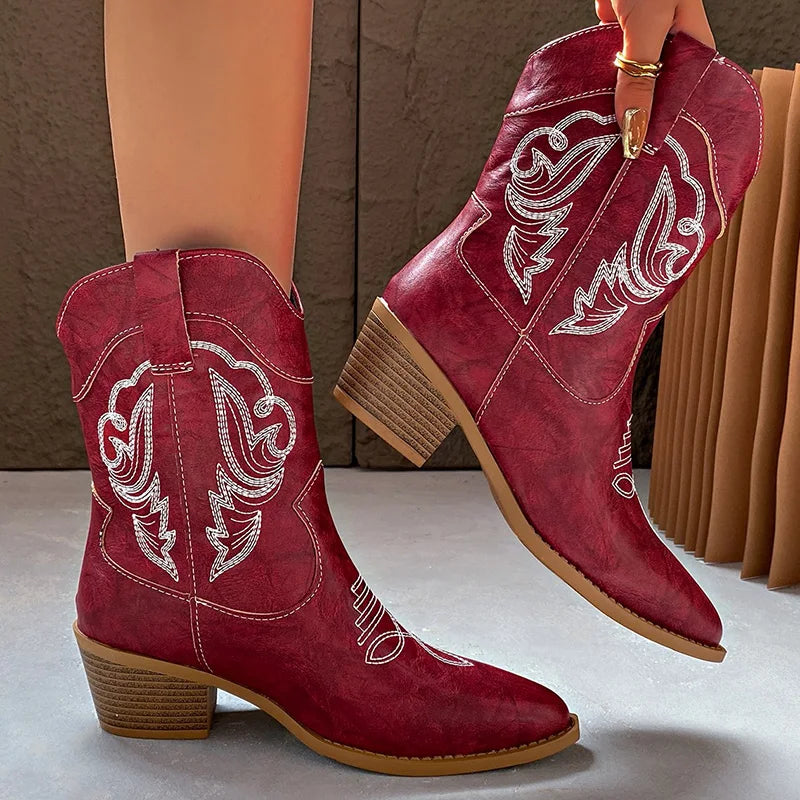 Ethnic Embroider Decor High Heel Boots for Women 2025 New Spring Ankle Vacation Pointed Toe Boots Western Cowgirl Short Boots
