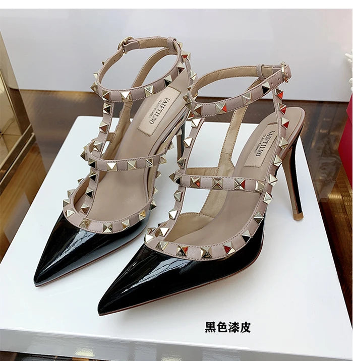 2025 Summer Brand Leather Women's Sandals Classic Rivet Gladiator High Heels Sexy Luxury Pumps Wedding Party Pointed toe Shoes