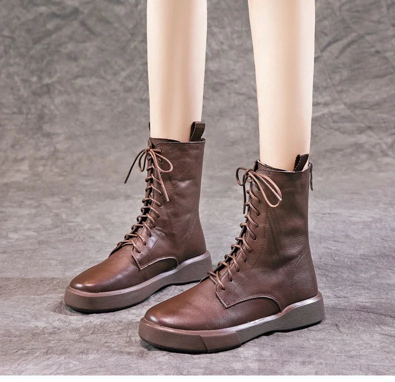 DRKANOL 2026 Fashion Women Boots Autumn Winter Shoes Soft Bottom 100% Genuine Leather Flat Mid Calf Boots Women Casual Warm Boot