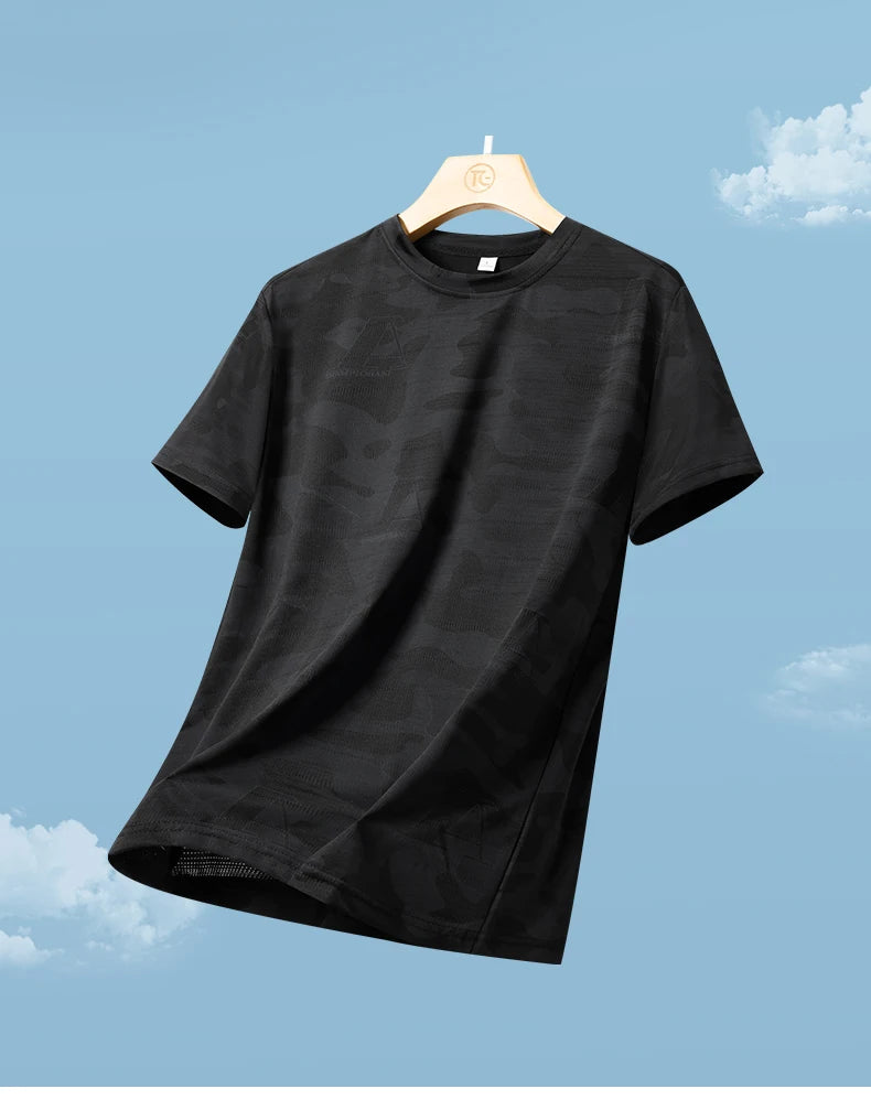Quick drying ice silk short sleeved T-shirt 2024 summer camouflage thin breathable quick drying running fitness sportswear