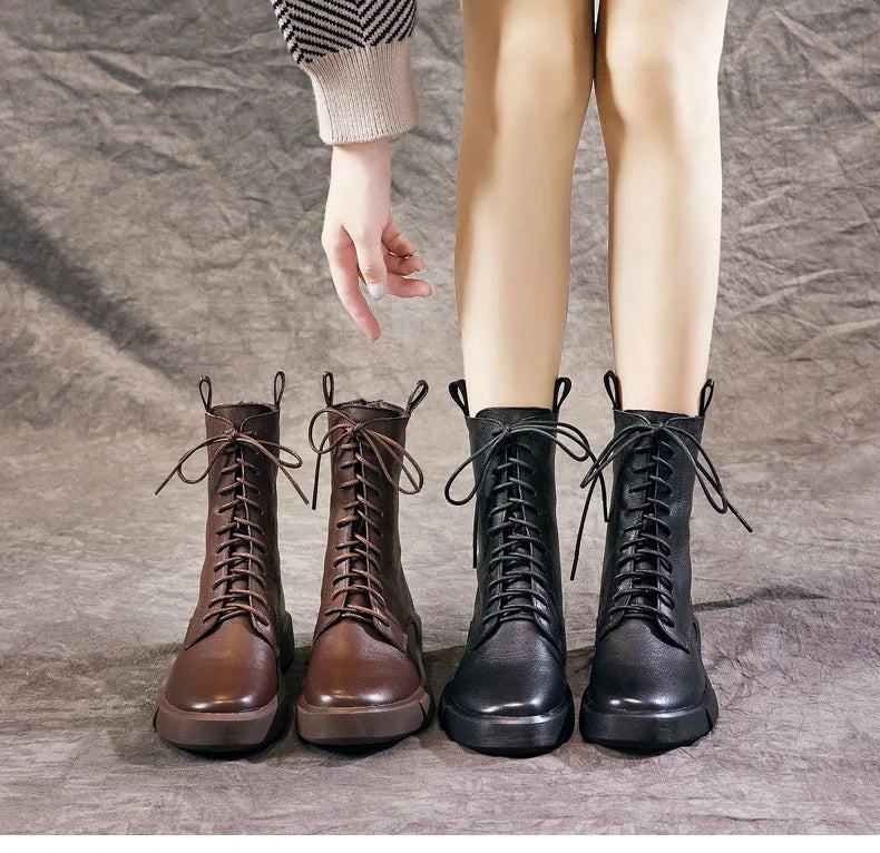 DRKANOL 2026 Fashion Women Boots Autumn Winter Shoes Soft Bottom 100% Genuine Leather Flat Mid Calf Boots Women Casual Warm Boot