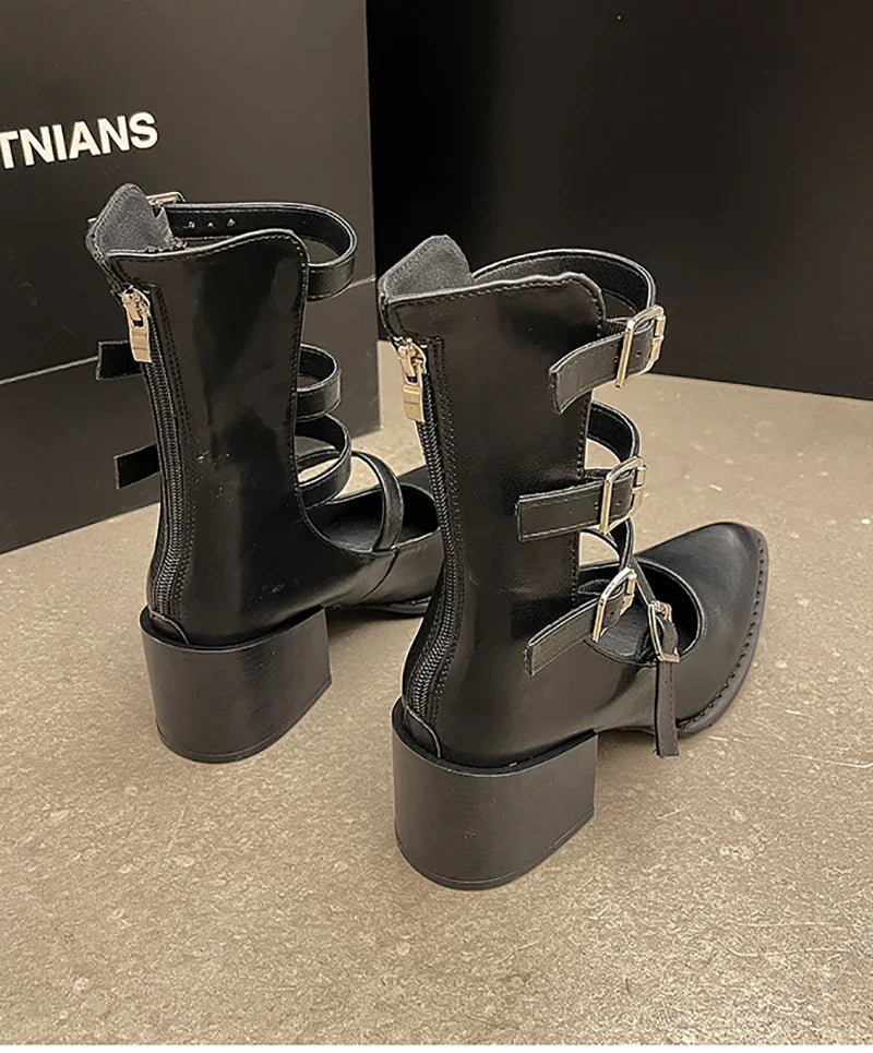 Pointed Toe Women Ankle Boots Fashion Back Zippers Metal Buckle Short Booties Retro Style Female Shoes