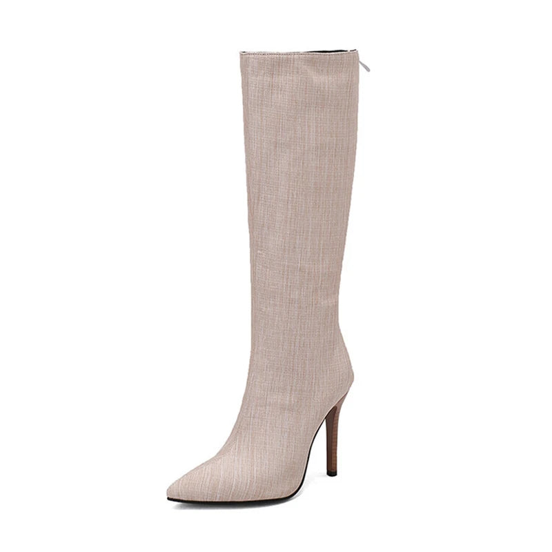 2025 White Snake Print Leather Knee High Boots Thin Heel Zipper Sexy Party Shoe Pointy Toe Thigh High Woman Long Boot Size 34-43