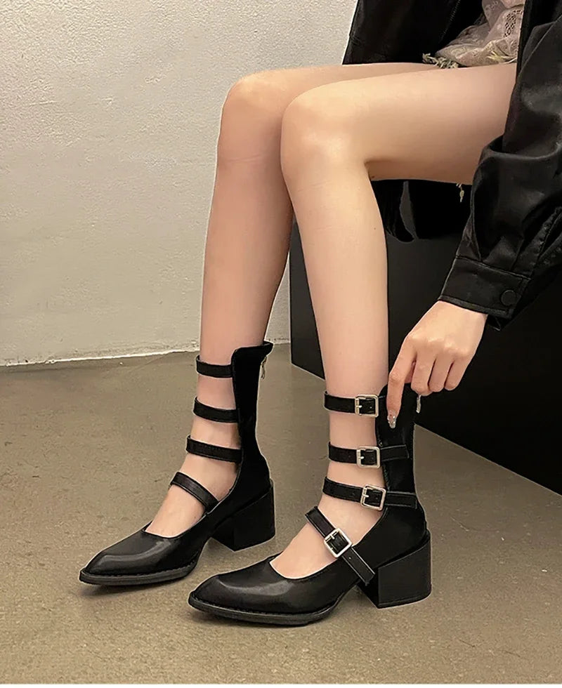 Pointed Toe Women Ankle Boots Fashion Back Zippers Metal Buckle Short Booties Retro Style Female Shoes