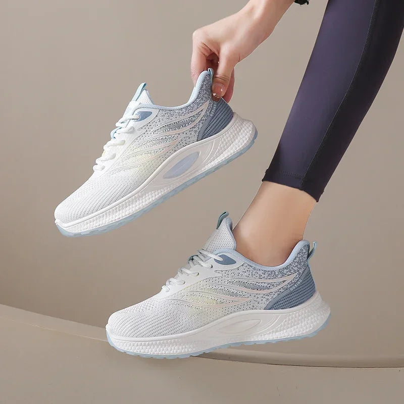 Spring Women New Mesh Lightweight Sports Breath Lace Up Fitness Comfortable Thick Soled Casual Running Shoes Tenis Masculino