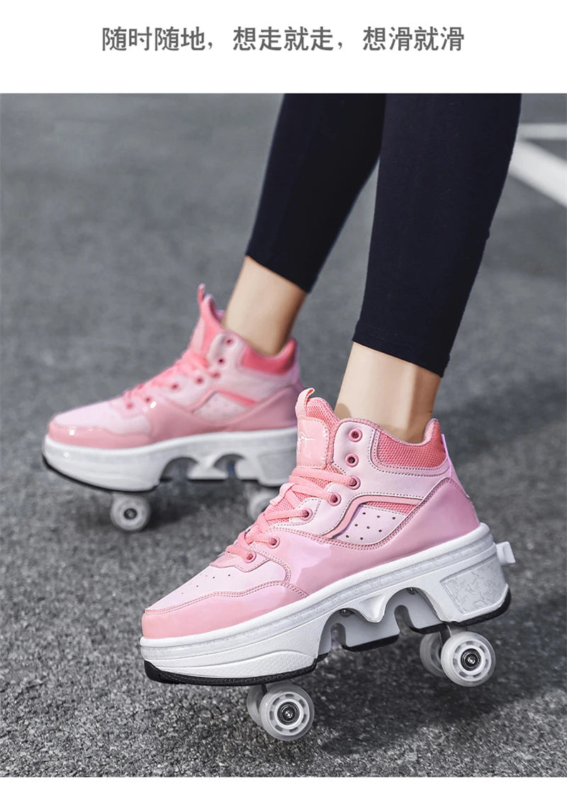 Parkour Shoes 4 Wheels Deformation Roller Skating Shoes Kids Adults Unisex Sneakers Street Urban Fitness FSK Quad Skating Shoes