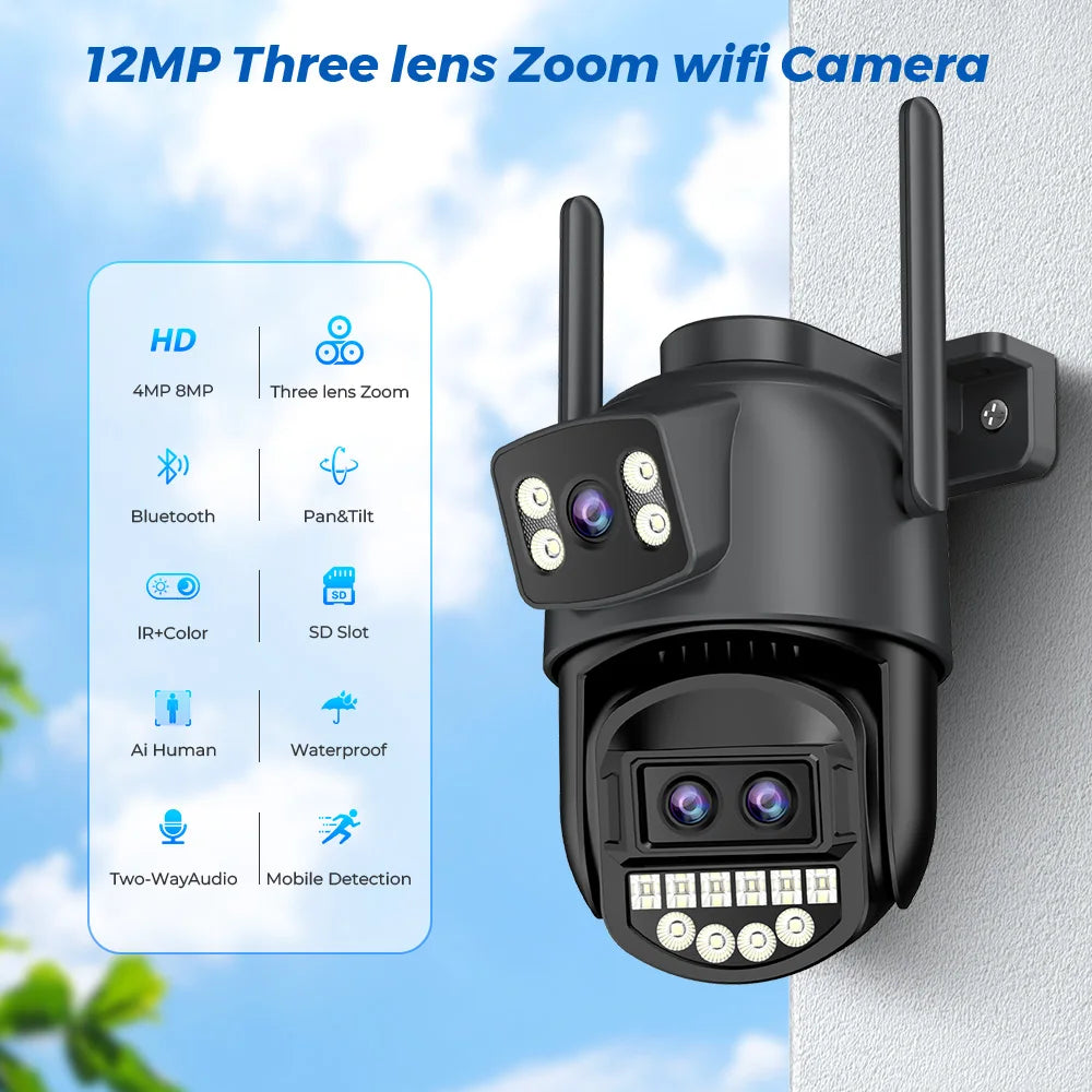 12MP 6K PTZ Wifi Camera 8X Digital Zoom Outdoor Dual Screens Wifi Surveillance Camera Night Vision CCTV IP Security Camera ICSEE