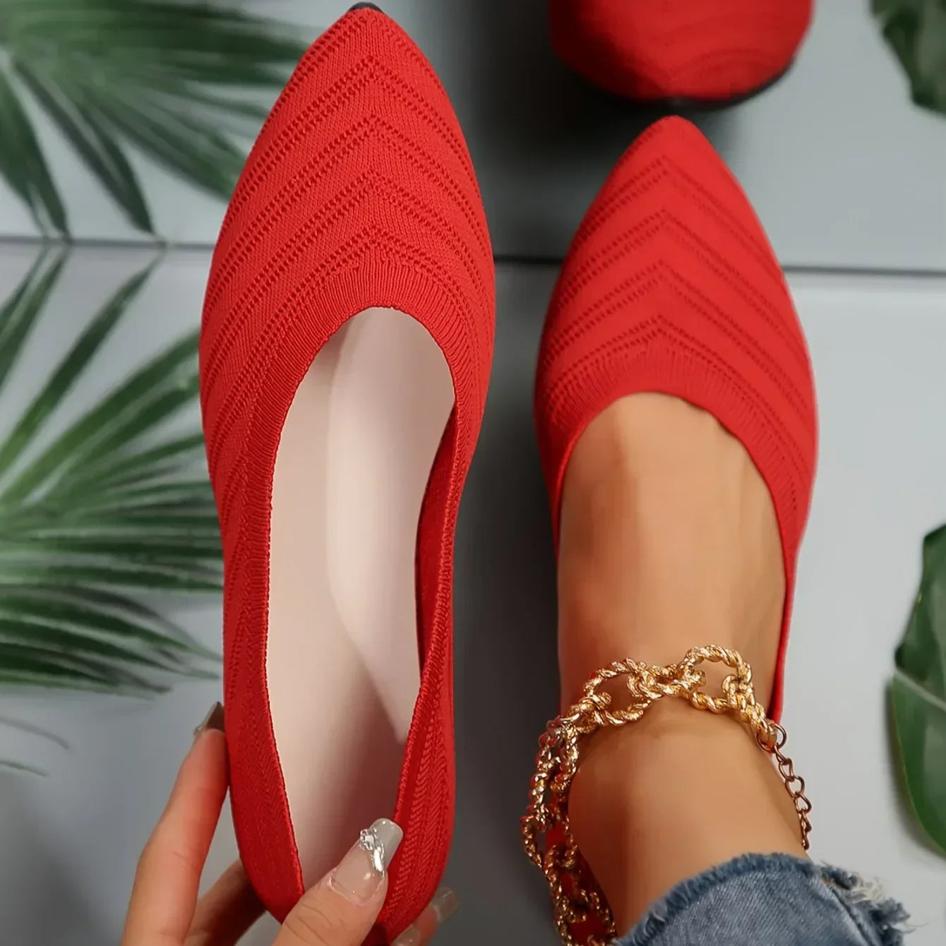 Women's Pointed Toe Flat Shoes Solid Color Knitted Slip on Shoes Casual Breathable Ballet Flats Women Flat Shoes Loafers Women
