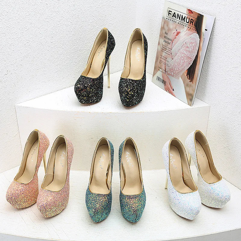 Comemore Sexy Size 34 43 44 45 Bling Sequins High Heels Pumps Platform Fashion Striptease Women's Heel Shoes Summer Slip-On 2025
