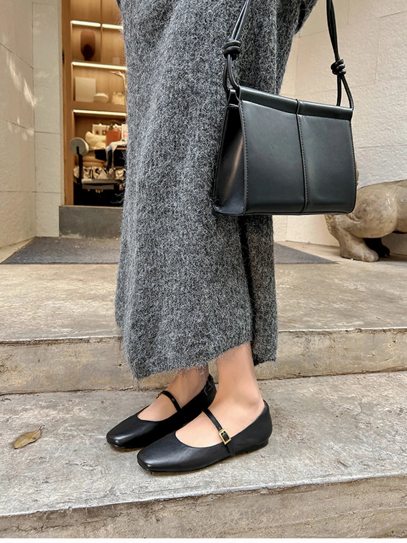 Retro Style Square Toe Women's Mary Jane Shoes Elegant Shallow Dress Flats Leather Footwear for Ladies