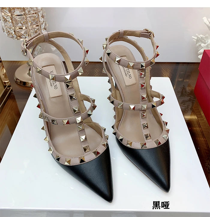 2025 Summer Brand Leather Women's Sandals Classic Rivet Gladiator High Heels Sexy Luxury Pumps Wedding Party Pointed toe Shoes