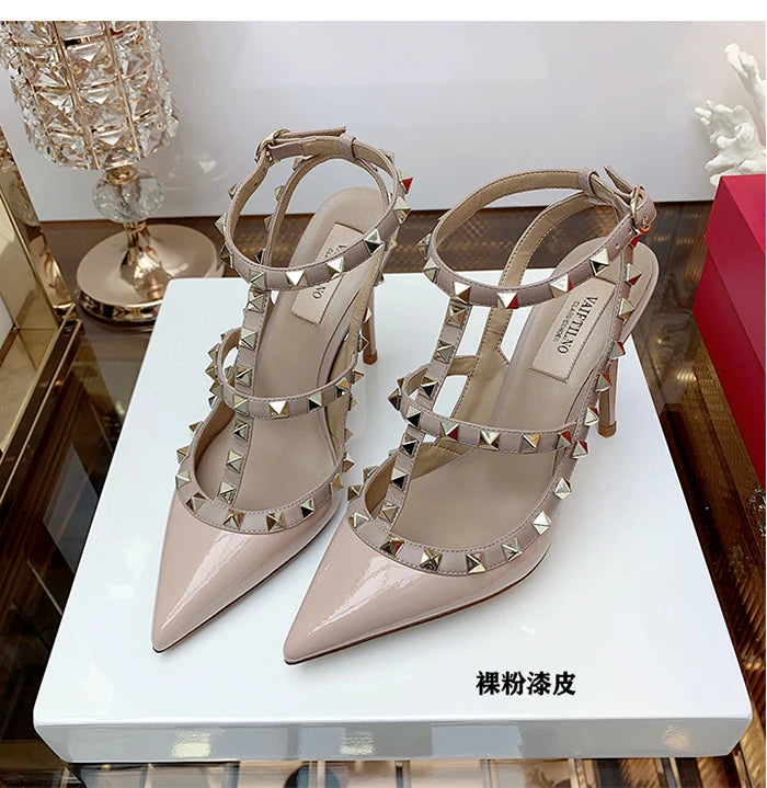 2025 Summer Brand Leather Women's Sandals Classic Rivet Gladiator High Heels Sexy Luxury Pumps Wedding Party Pointed toe Shoes