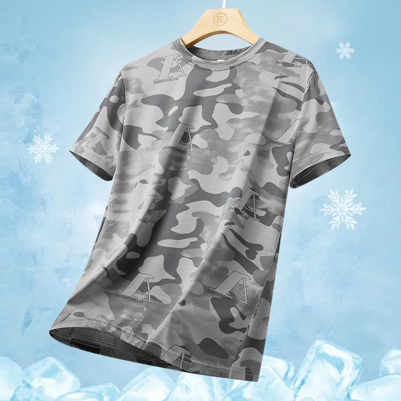 Quick drying ice silk short sleeved T-shirt 2024 summer camouflage thin breathable quick drying running fitness sportswear